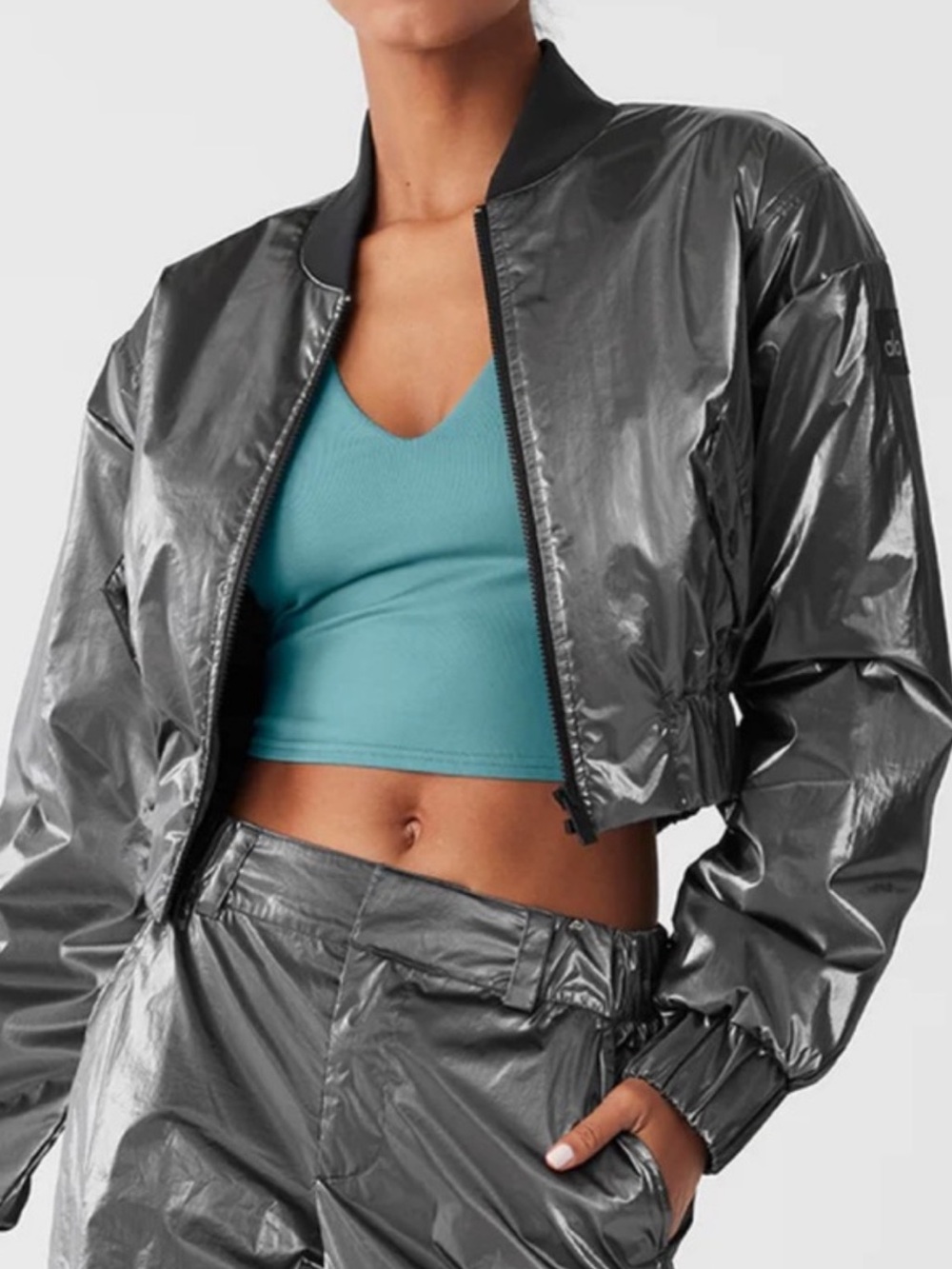 ALO Yoga Cropped Metallic Gray Bomber Jacket Size XS